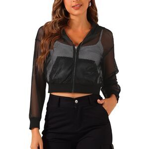 Mesh Zip Up Fishnet Hoodie Sexy See Through Crop Bomber Jackets Black
